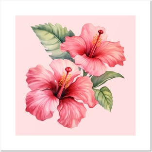 Pink Hibiscus Flower Watercolor Posters and Art